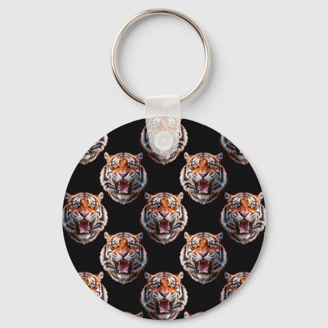 Tiger Head Pattern Design - Black   Keychain (Front)