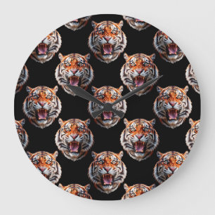 Tiger Head Pattern Design - Black Large Clock