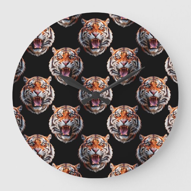 Tiger Head Pattern Design - Black   Large Clock (Front)