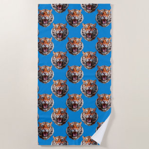 Tiger Head Pattern Design Blue Beach Towel