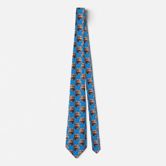Tiger Head Pattern Design Blue  Tie (Front)