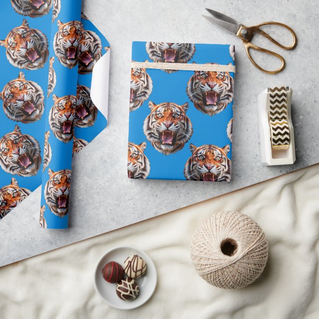 Tiger Head Pattern Design Blue  Wrapping Paper (Crafts)