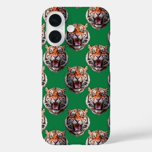 Tiger Head Pattern Design Green iPhone 16 Case