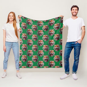 Tiger Head Pattern Design Green  Fleece Blanket