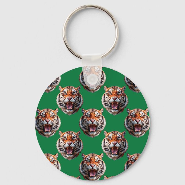 Tiger Head Pattern Design Green  Keychain (Front)