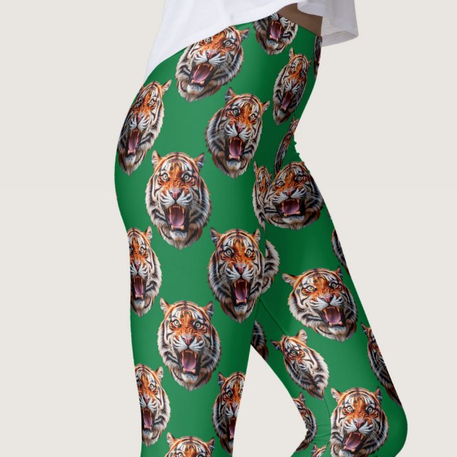 Tiger Head Pattern Design Green  Leggings (Creator Uploaded)