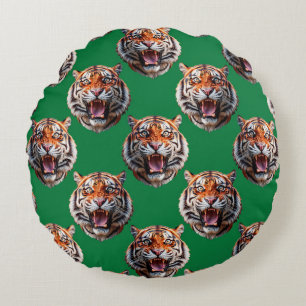 Tiger Head Pattern Design Green Round Pillow
