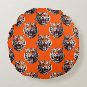 Tiger Head Pattern Design Orange Round Pillow