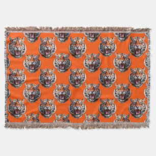 Tiger Head Pattern Design Orange  Throw Blanket