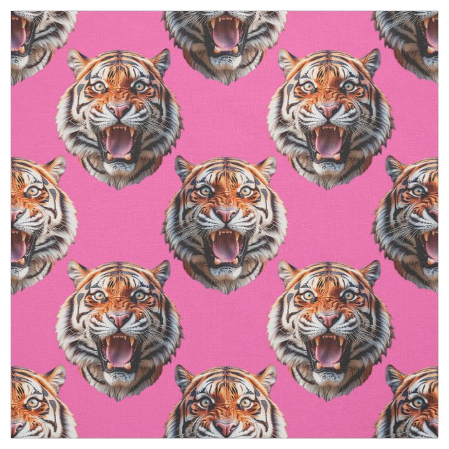Tiger Head Pattern Design Pink Fabric (Swatch)