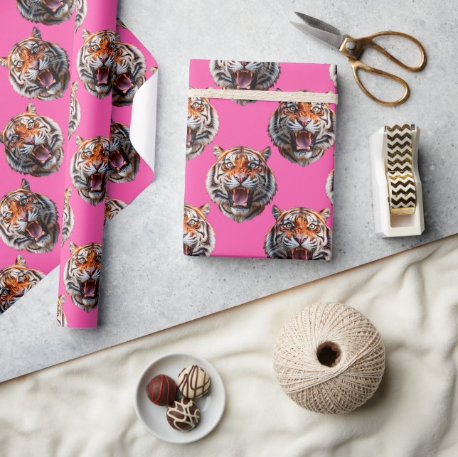 Tiger Head Pattern Design Pink Wrapping Paper (Crafts)