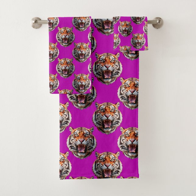 Tiger Head Pattern Design Purple  Bath Towel Set (Insitu)