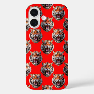 Tiger Head Pattern Design Red iPhone 16 Case