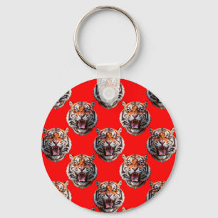Tiger Head Pattern Design Red Keychain