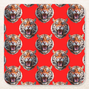 Tiger Head Pattern Design Red Square Paper Coaster