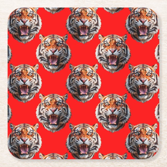 Tiger Head Pattern Design Red Square Paper Coaster (Front)