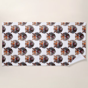 Tiger Head Pattern Design - White   Beach Towel