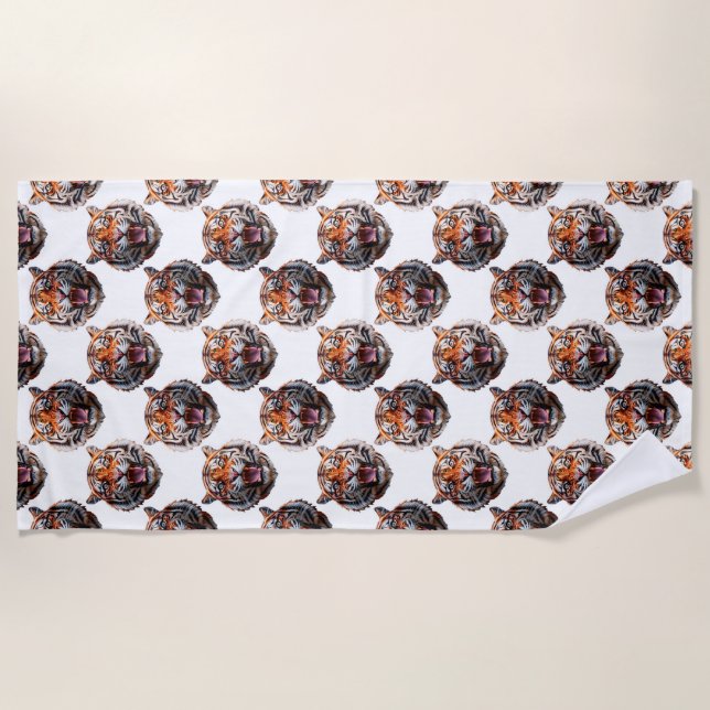 Tiger Head Pattern Design - White   Beach Towel (Front)