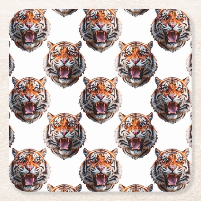 Tiger Head Pattern Design - White   Square Paper Coaster (Front)