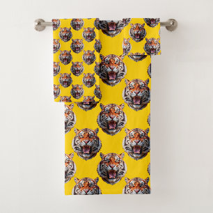 Tiger Head Pattern Design Yellow  Bath Towel Set
