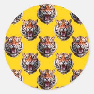Tiger Head Pattern Design Yellow  Classic Round Sticker