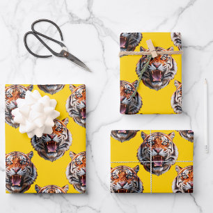 Tiger Head Pattern Design Yellow  Wrapping Paper Sheet