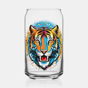 Tiger Head Rainbow colors paint stains Can Glass