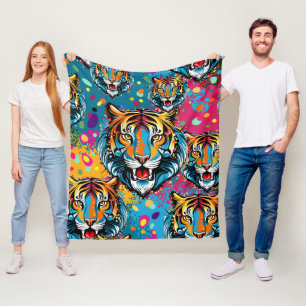 Tiger Head Rainbow colors paint stains Fleece Blanket