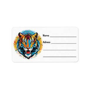 Tiger Head Rainbow colors paint stains Label