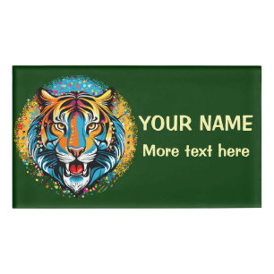 Tiger Head Rainbow colors paint stains Name Tag