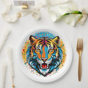 Tiger Head Rainbow colors paint stains Paper Plate