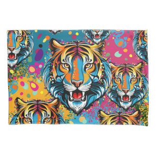 Tiger Head Rainbow colors paint stains Pillowcase