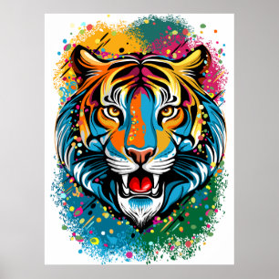 Tiger Head Rainbow colors paint stains Poster