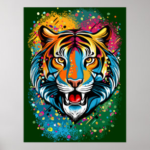 Tiger Head Rainbow colors paint stains Poster
