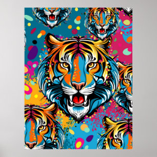 Tiger Head Rainbow colors paint stains Poster