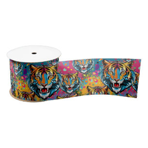 Tiger Head Rainbow colors paint stains Satin Ribbon