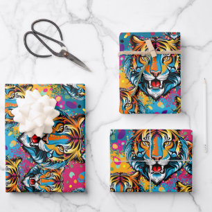 Tiger Head Rainbow colors paint stains Wrapping Paper Sheet