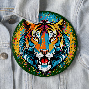 Tiger Head Rainbow colours paint stains 6 Inch Round Button