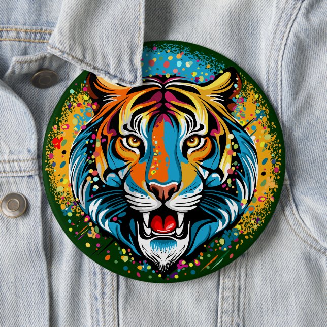 Tiger Head Rainbow colours paint stains 6 Inch Round Button (In Situ)