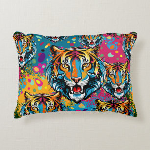 Tiger Head Rainbow colours paint stains Accent Pillow
