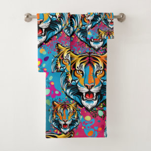 Tiger Head Rainbow colours paint stains Bath Towel Set