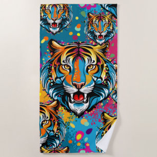 Tiger Head Rainbow colours paint stains Beach Towel