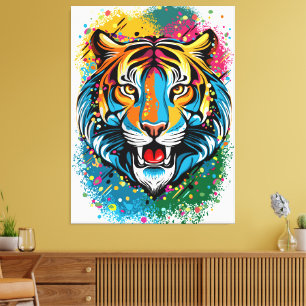 Tiger Head Rainbow colours paint stains Canvas Print