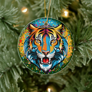 Tiger Head Rainbow colours paint stains Ceramic Ornament