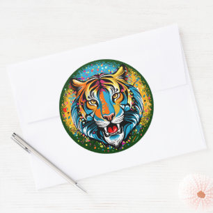 Tiger Head Rainbow colours paint stains Classic Round Sticker