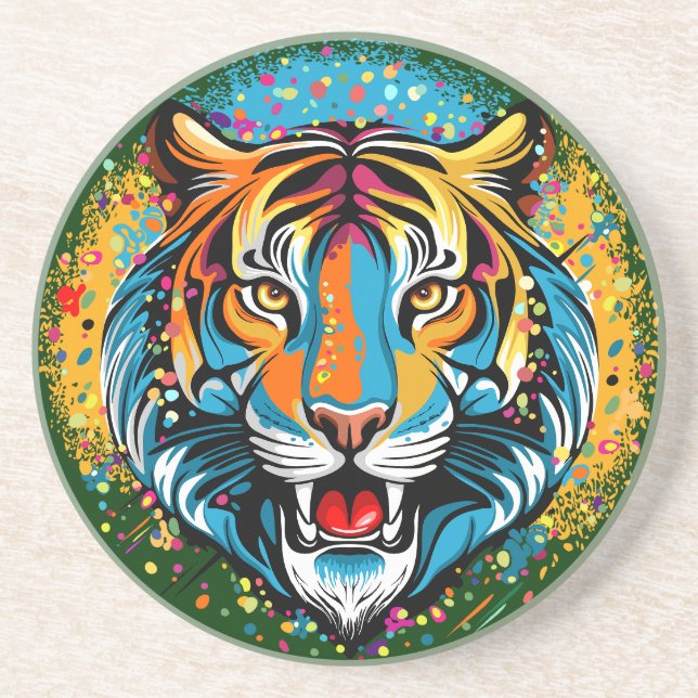 Tiger Head Rainbow colours paint stains Coaster (Front)