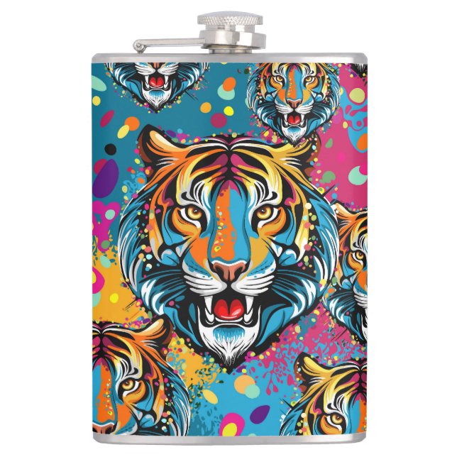 Tiger Head Rainbow colours paint stains Hip Flask (Front)