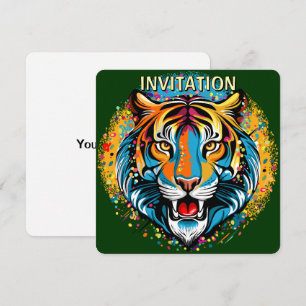 Tiger Head Rainbow colours paint stains Invitation