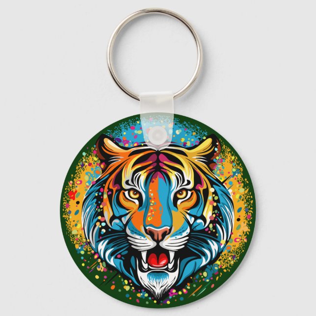 Tiger Head Rainbow colours paint stains Keychain (Front)