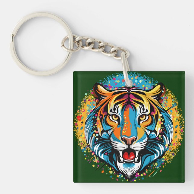 Tiger Head Rainbow colours paint stains Keychain (Front)